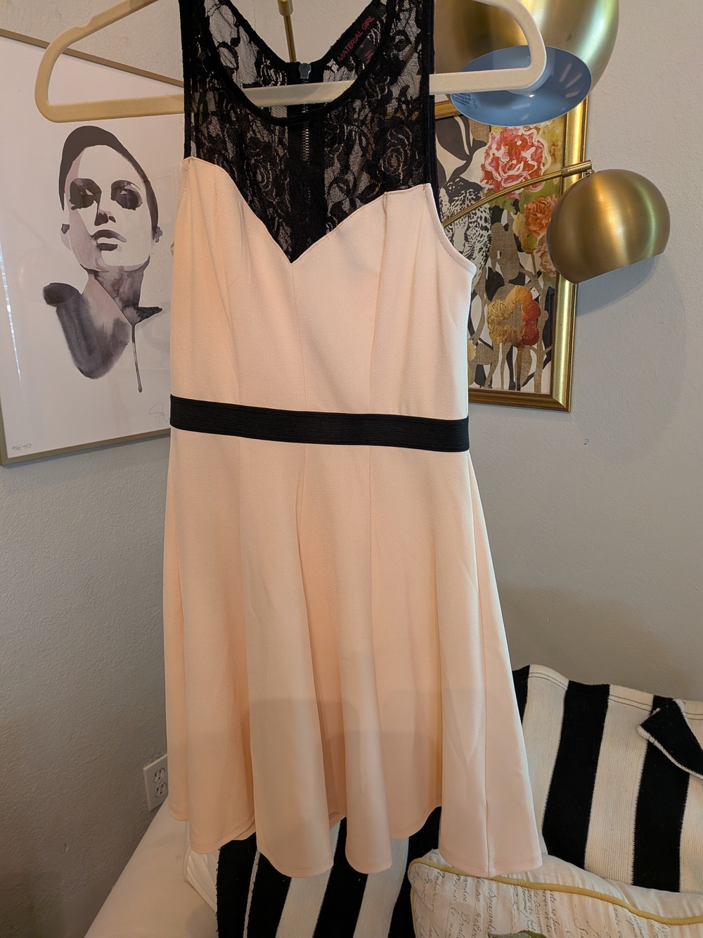 Sleeveless Light Pink And Black Lace Fit & Flare Dress with Black Waistband